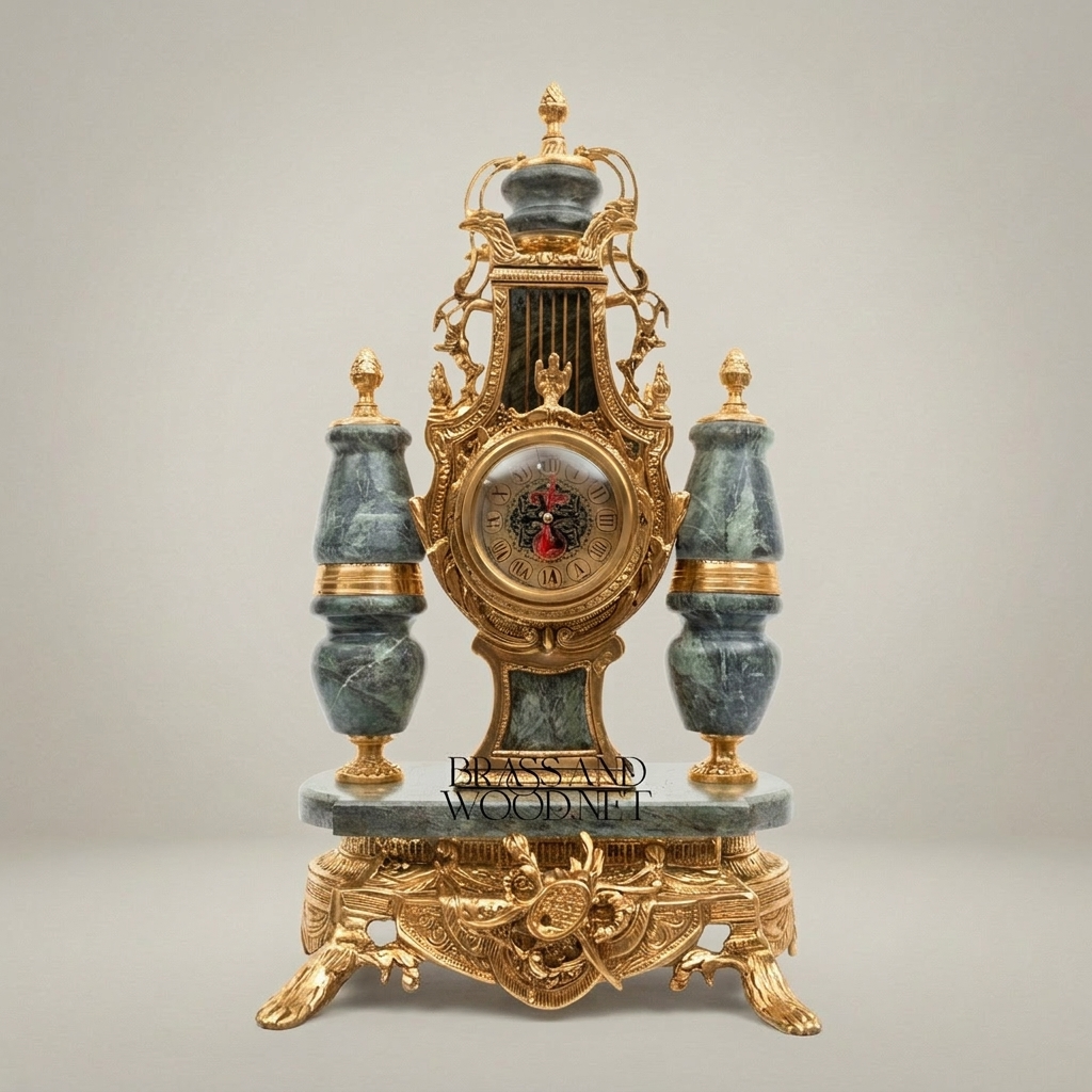 Lyre-Form Marble & Brass Mantel Clock Garniture with Candelabra