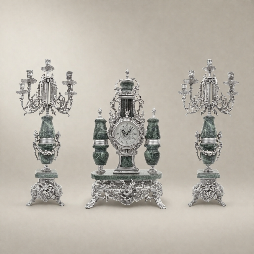 Lyre-Form Marble & Brass Mantel Clock Garniture with Candelabra — Silver