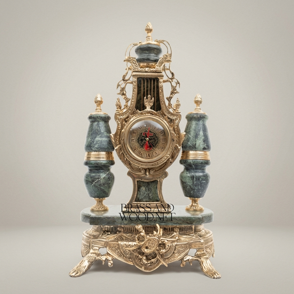 Lyre-Form Marble & Brass Mantel Clock Garniture with Candelabra — Antique Gold