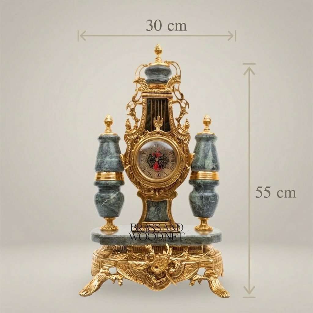 Lyre-Form Marble & Brass Mantel Clock Garniture with Candelabra — Gold