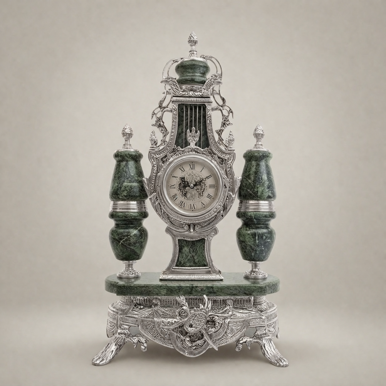Lyre-Form Marble & Brass Mantel Clock Garniture with Candelabra — Silver