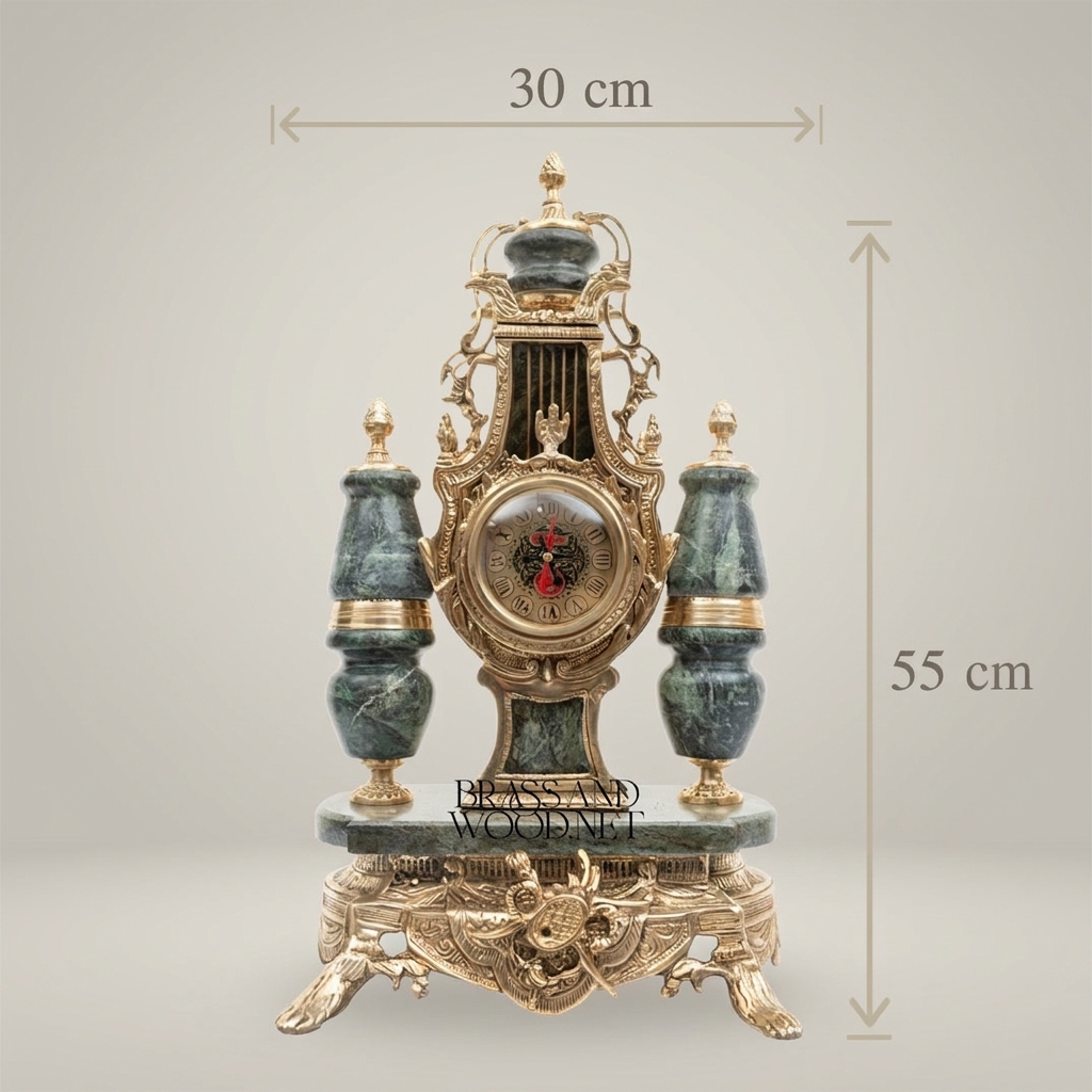 Lyre-Form Marble & Brass Mantel Clock Garniture with Candelabra — Antique Gold
