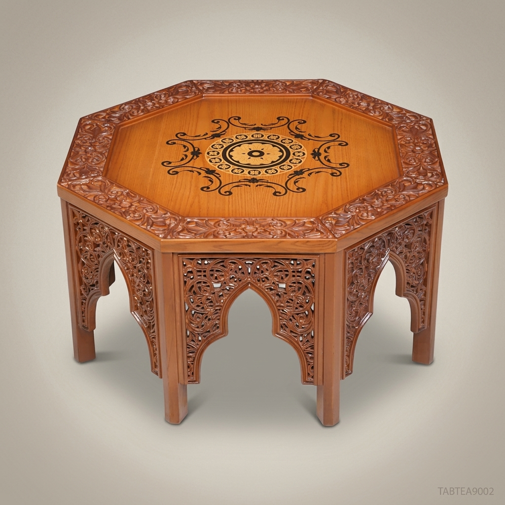 Moorish Octagonal Tea Table | Hand-Carved Solid Wood with Arabesque Inlay