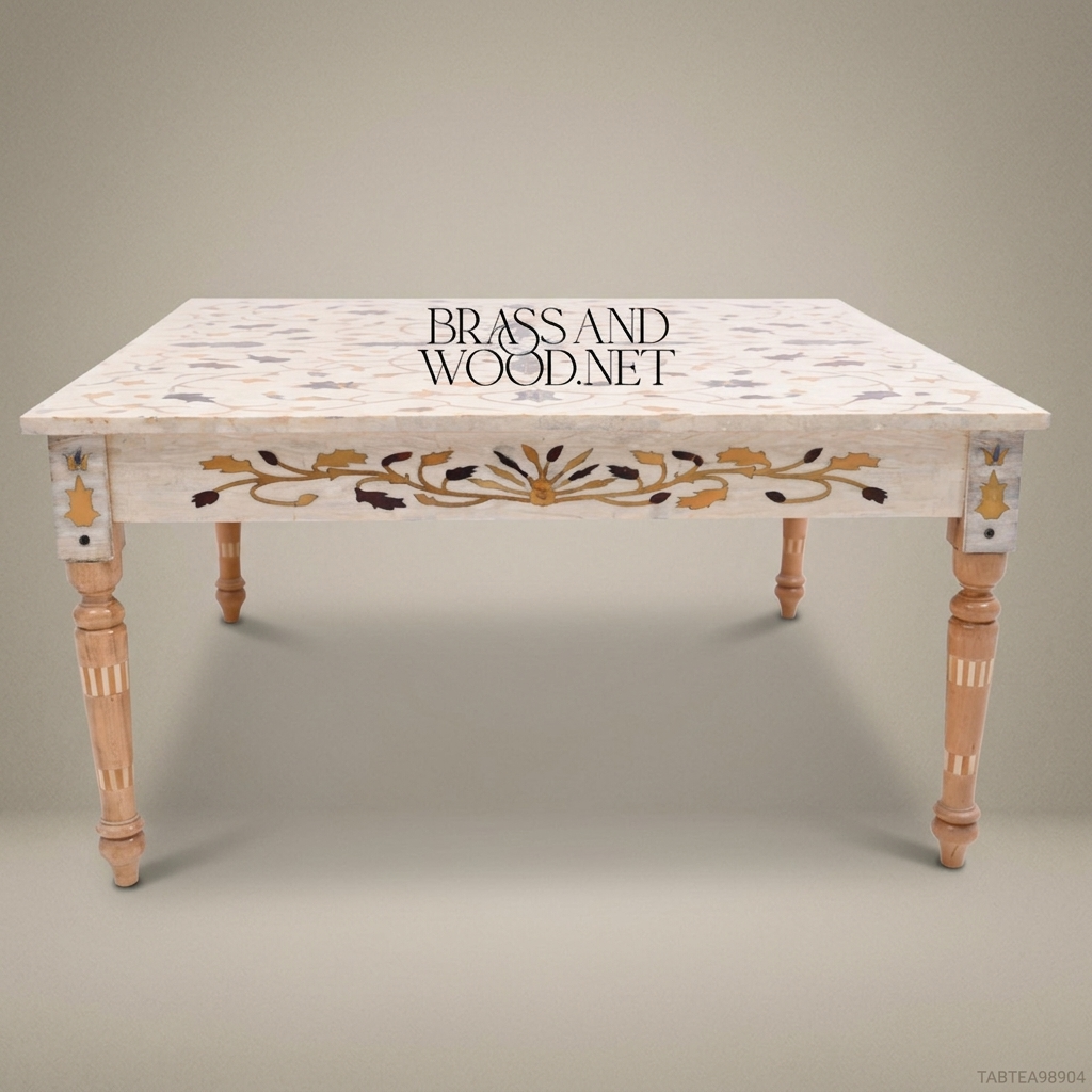 Mughal Inlay Tea Table – White Marble Top & Carved Wood Base