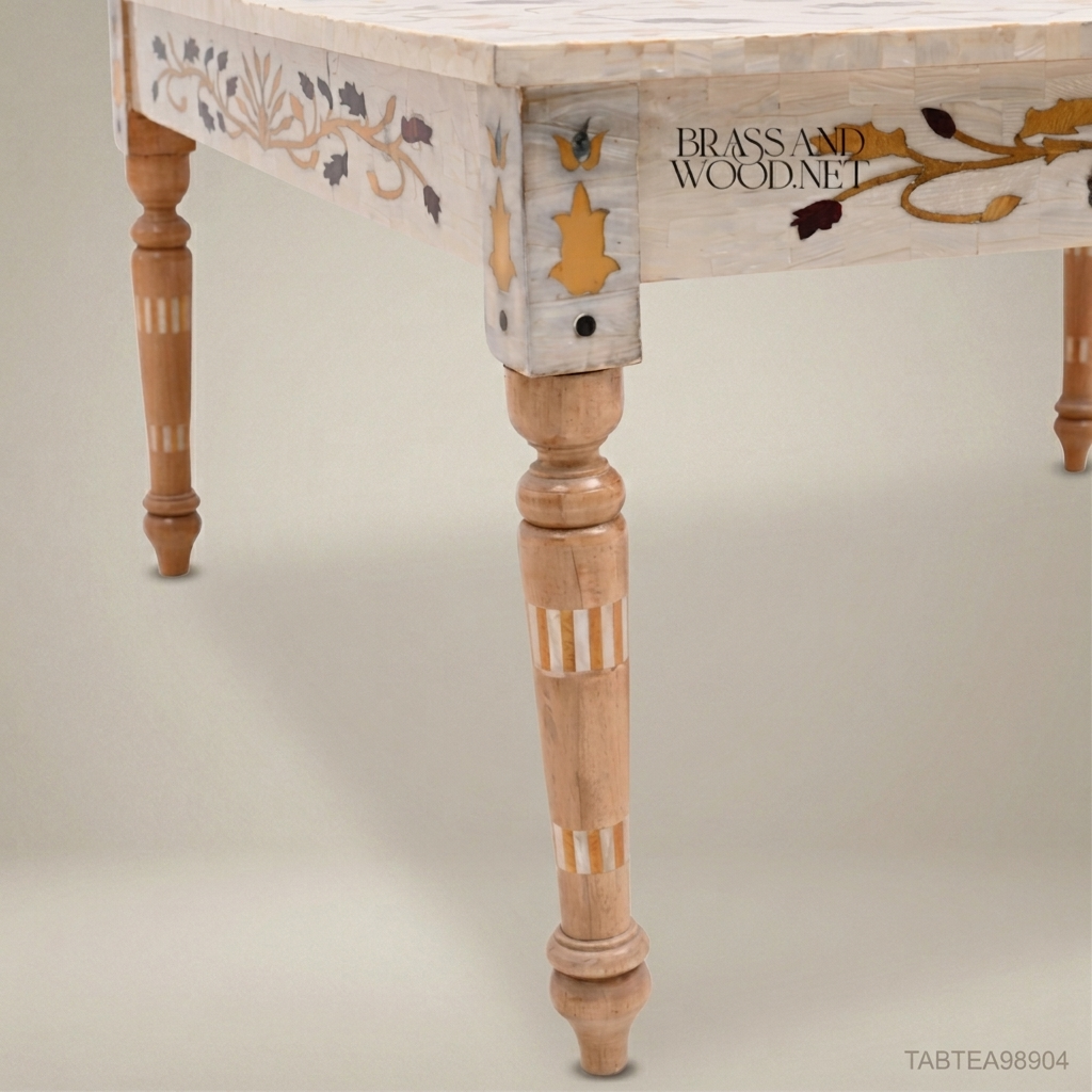 Mughal Inlay Tea Table – White Marble Top & Carved Wood Base