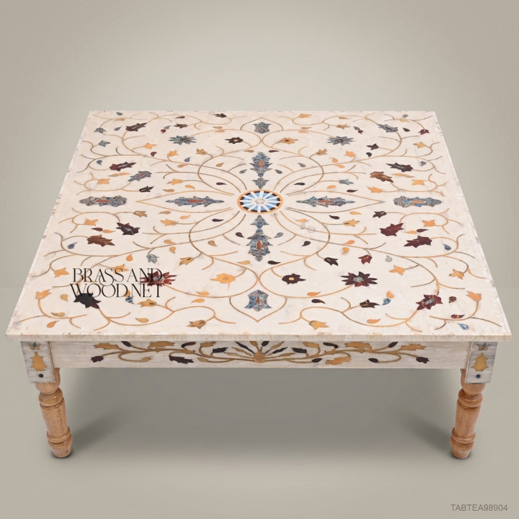 Mughal Inlay Tea Table – White Marble Top & Carved Wood Base