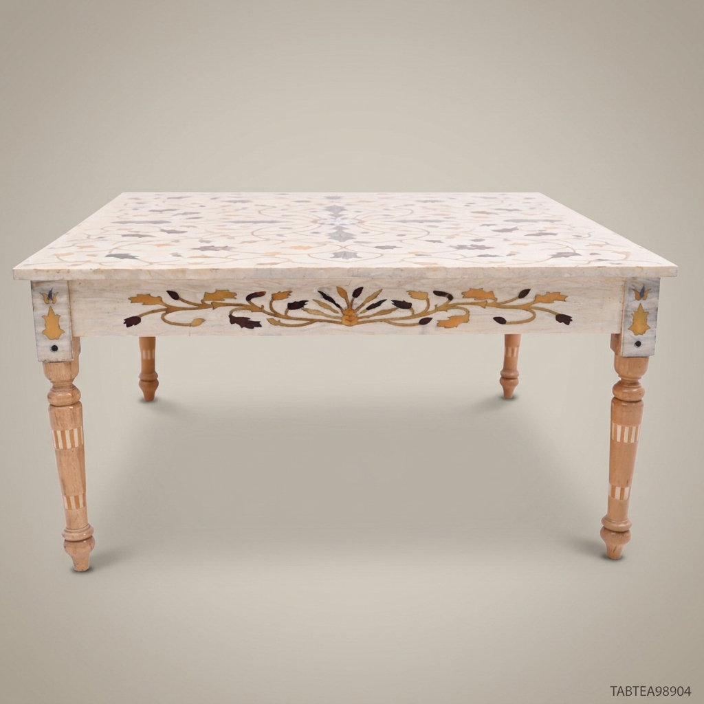 Mughal Inlay Tea Table – White Marble Top & Carved Wood Base