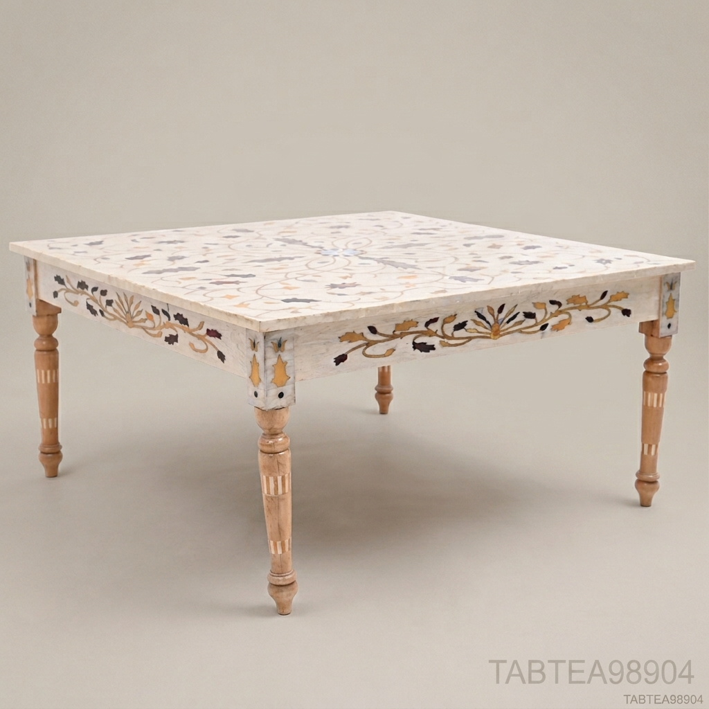 Mughal Inlay Tea Table – White Marble Top & Carved Wood Base