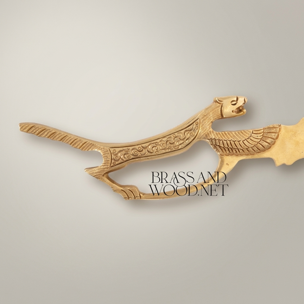 Mythological Winged Beast Brass Decorative Dagger Sculpture — Ancient Egyptian Feline Figure — Gold