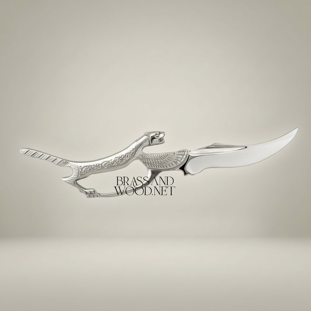 Mythological Winged Beast Brass Decorative Dagger Sculpture — Ancient Egyptian Feline Figure — Silver