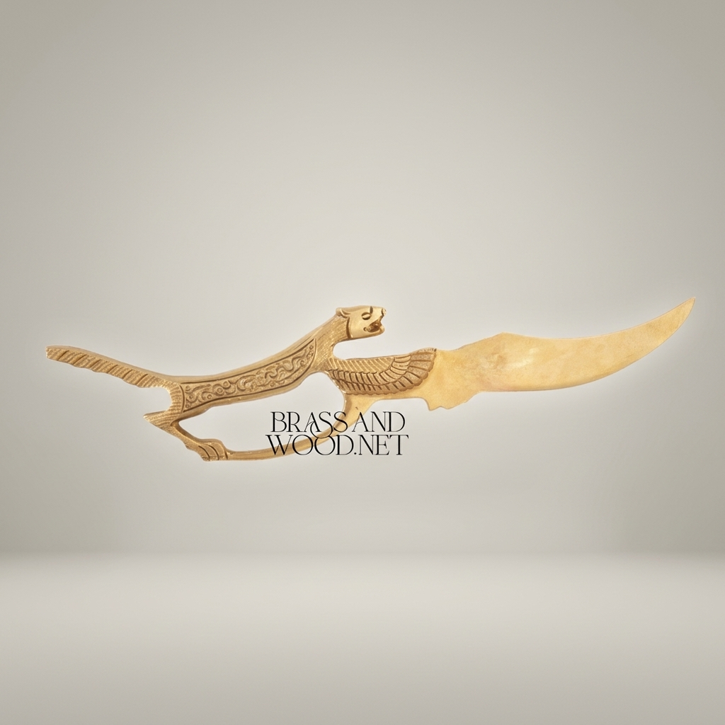 Mythological Winged Beast Brass Decorative Dagger Sculpture — Ancient Egyptian Feline Figure — Gold