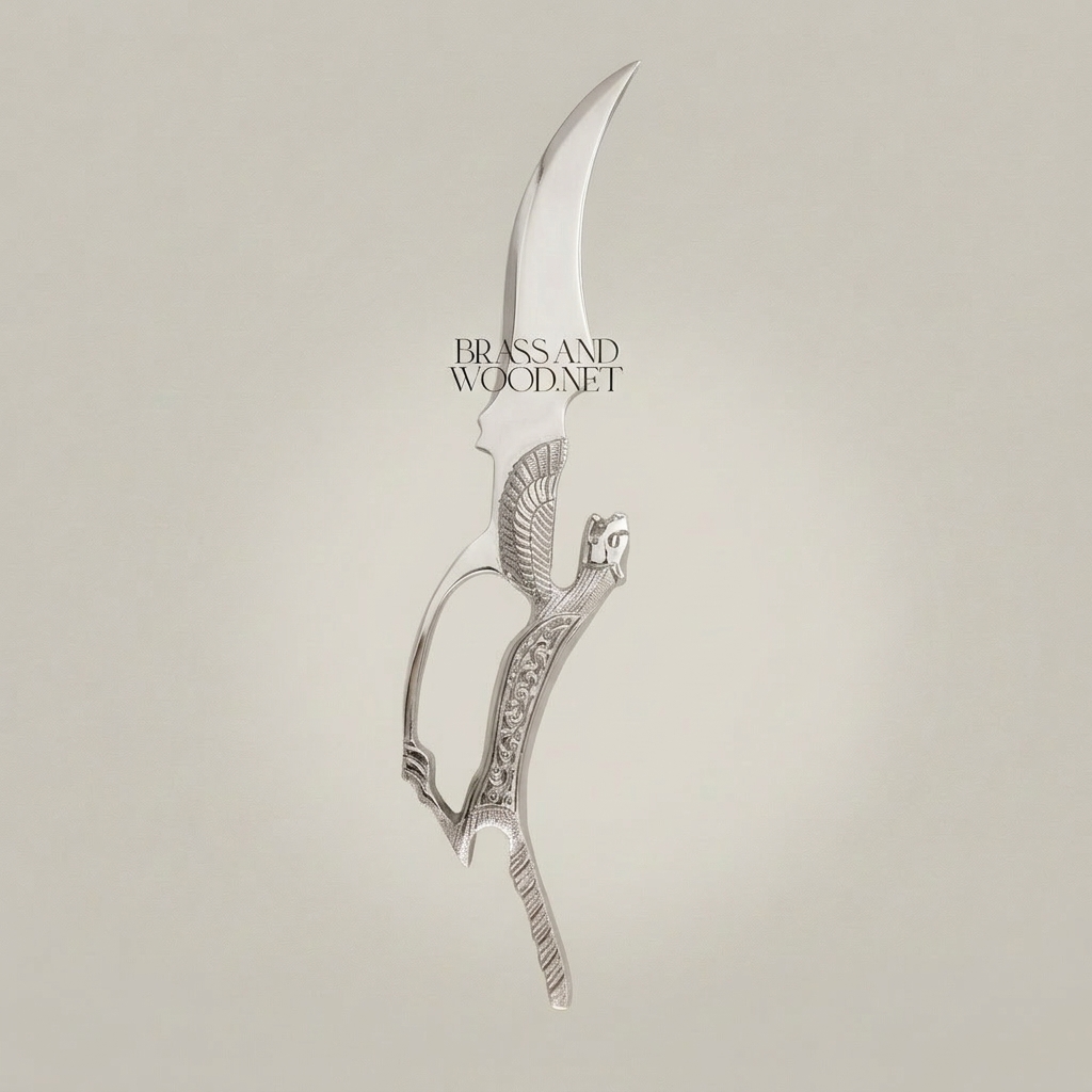 Mythological Winged Beast Brass Decorative Dagger Sculpture — Ancient Egyptian Feline Figure — Silver
