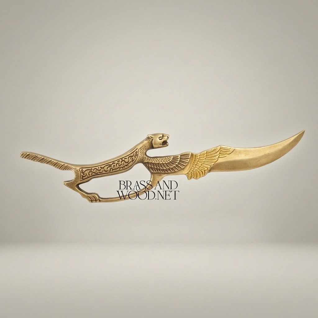 Mythological Winged Beast Brass Decorative Dagger Sculpture — Ancient Egyptian Feline Figure — Antique Gold