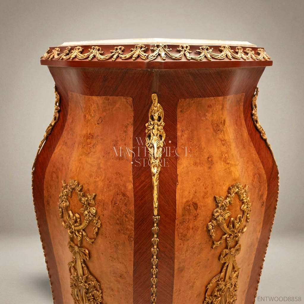 Napoleon III Burr Walnut Pedestal Column with Ormolu Mounts & Marble Top