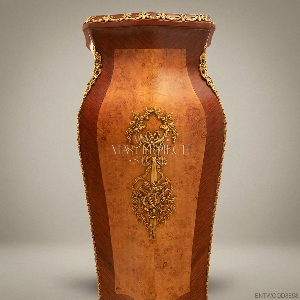 Napoleon III Burr Walnut Pedestal Column with Ormolu Mounts & Marble Top