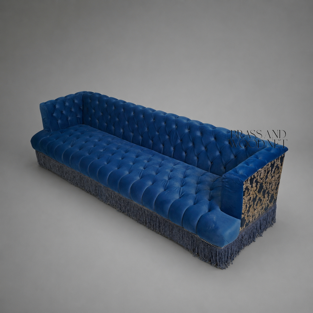 Napoleon III Capitonné Navy Blue Velvet Sofa with Damask Panels and Twisted Bullion Fringe Skirt Elevated View | Brass & Wood