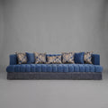 Napoleon III Capitonné Navy Blue Velvet Sofa with Damask Panels and Twisted Bullion Fringe Skirt Front View | Brass & Wood