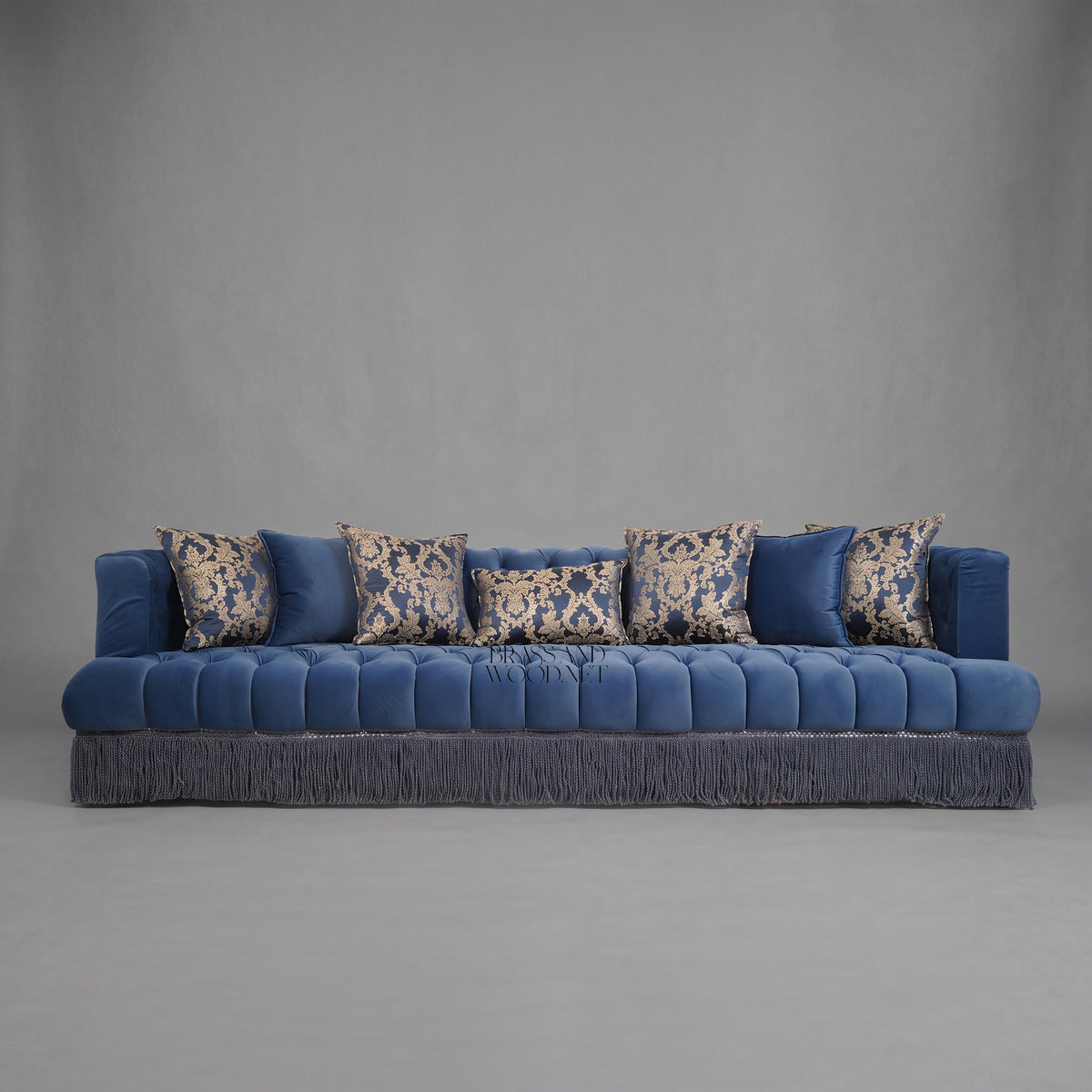 Napoleon III Capitonné Navy Blue Velvet Sofa with Damask Panels and Twisted Bullion Fringe Skirt Front View | Brass & Wood