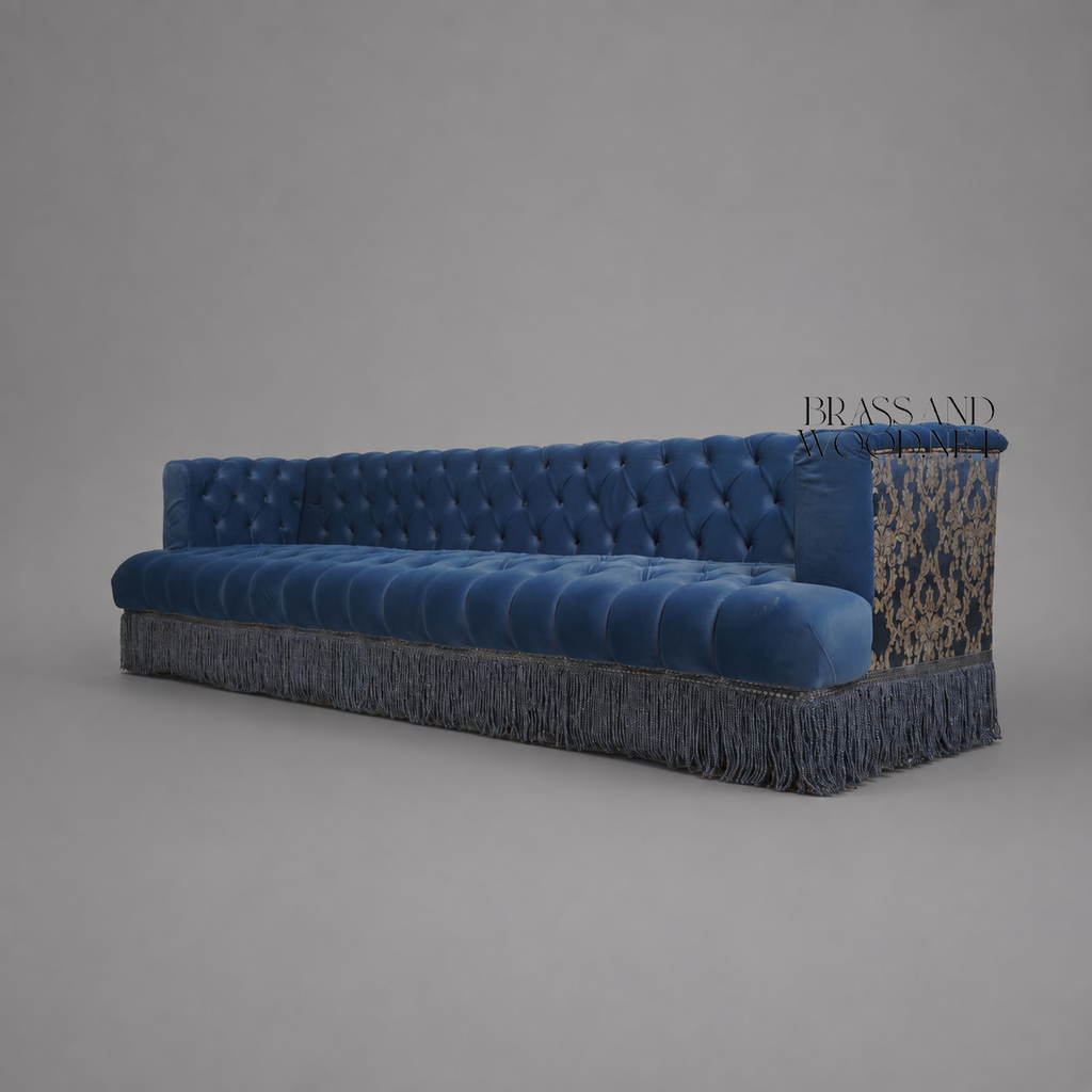 Napoleon III Capitonné Navy Blue Velvet Sofa with Damask Panels and Twisted Bullion Fringe Skirt Three-Quarter View | Brass & Wood