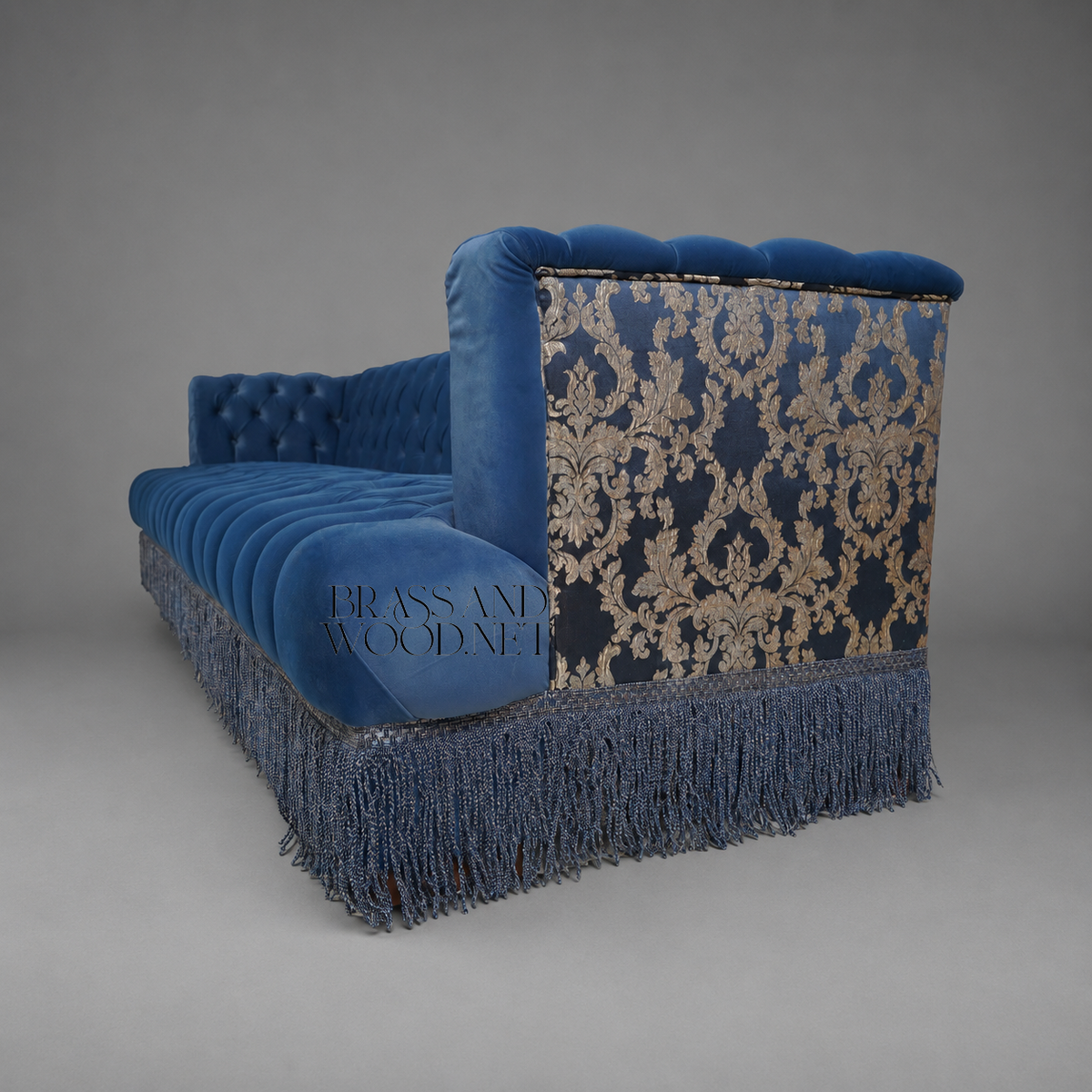 Napoleon III Capitonné Navy Blue Velvet Sofa with Damask Panels and Twisted Bullion Fringe Skirt Side View | Brass & Wood