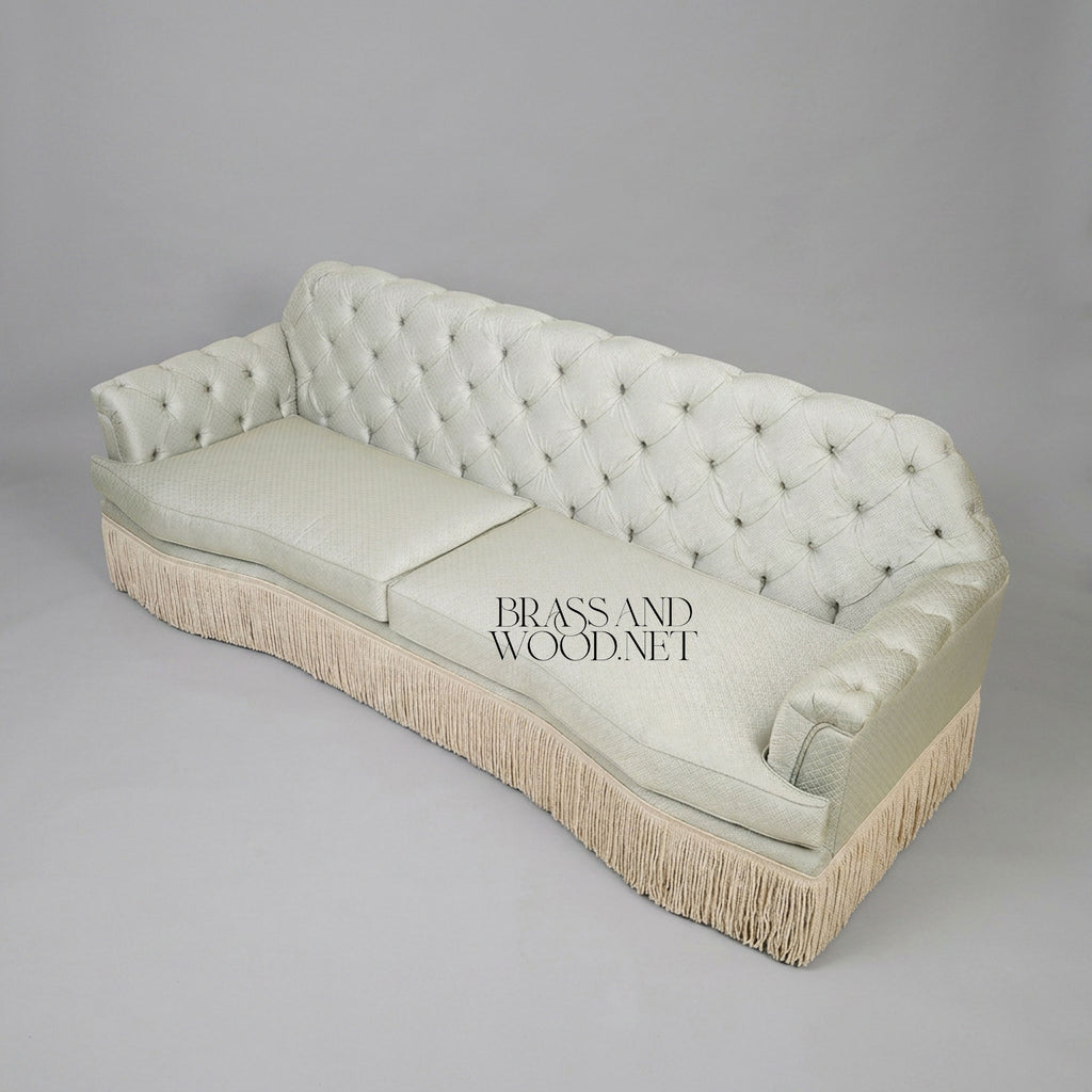 Napoleon III Capitonné Salon Sofa Button Tufted Back Floor-Length Fringe Valance Pale Mint Elevated View | Brass & Wood