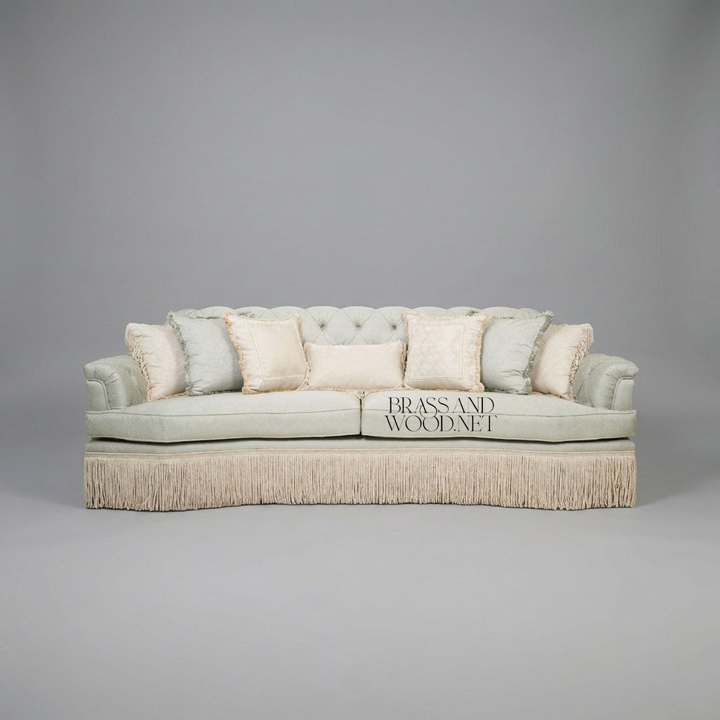 Napoleon III Capitonné Salon Sofa Button Tufted Back Floor-Length Fringe Valance Pale Mint Front View | Brass & Wood