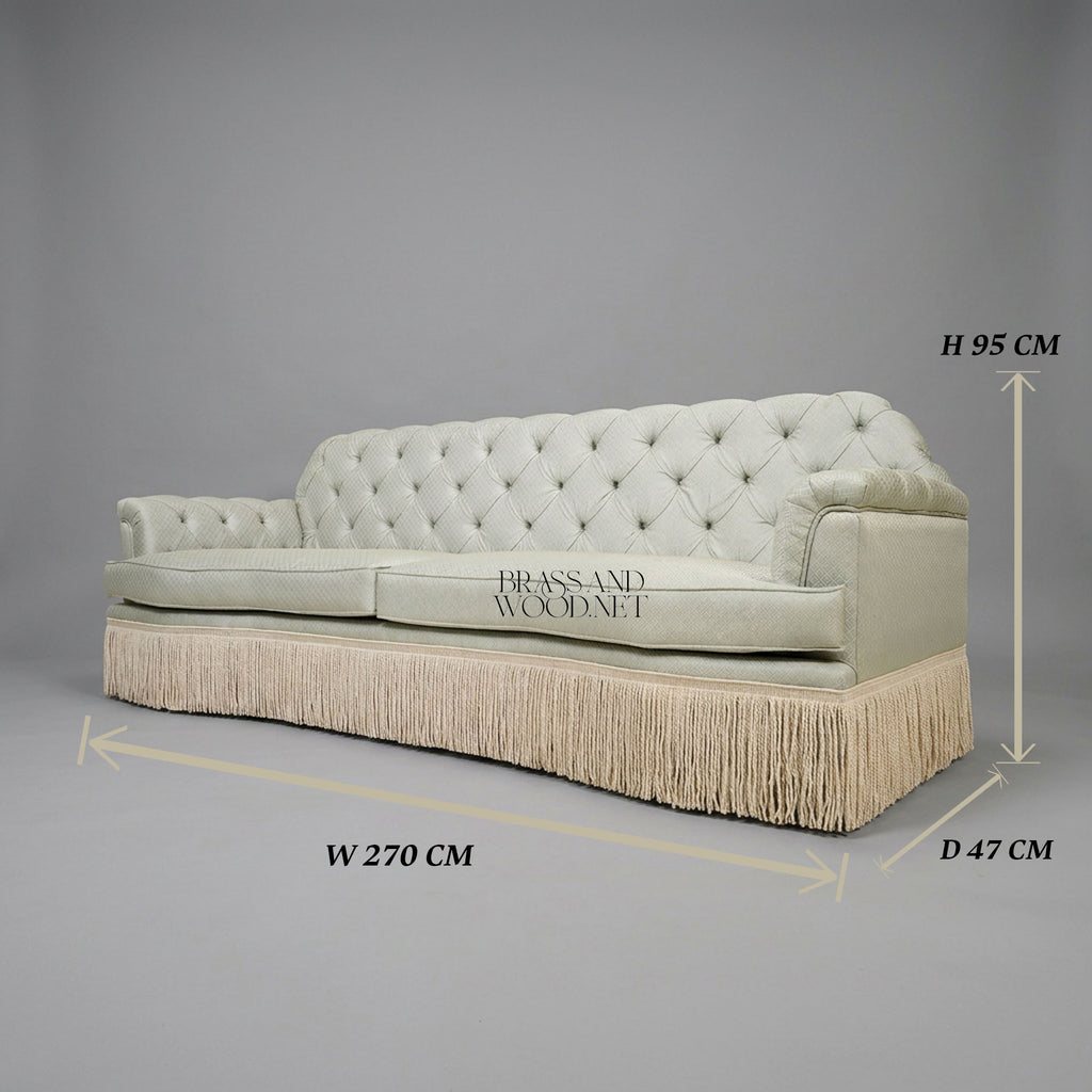 Napoleon III Capitonné Salon Sofa Button Tufted Back Floor-Length Fringe Valance Pale Mint Three-Quarter View | Brass & Wood