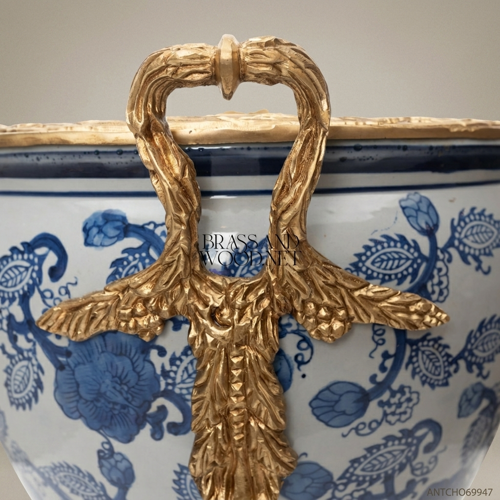 Louis XV Rococo Blue & White Porcelain Cachepot with Gilt Brass Mounts