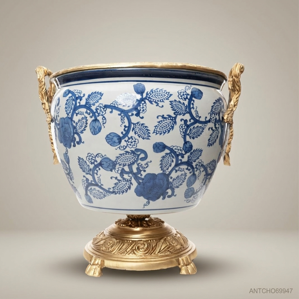 Louis XV Rococo Blue & White Porcelain Cachepot with Gilt Brass Mounts