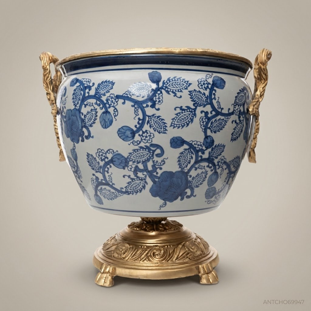 Louis XV Rococo Blue & White Porcelain Cachepot with Gilt Brass Mounts