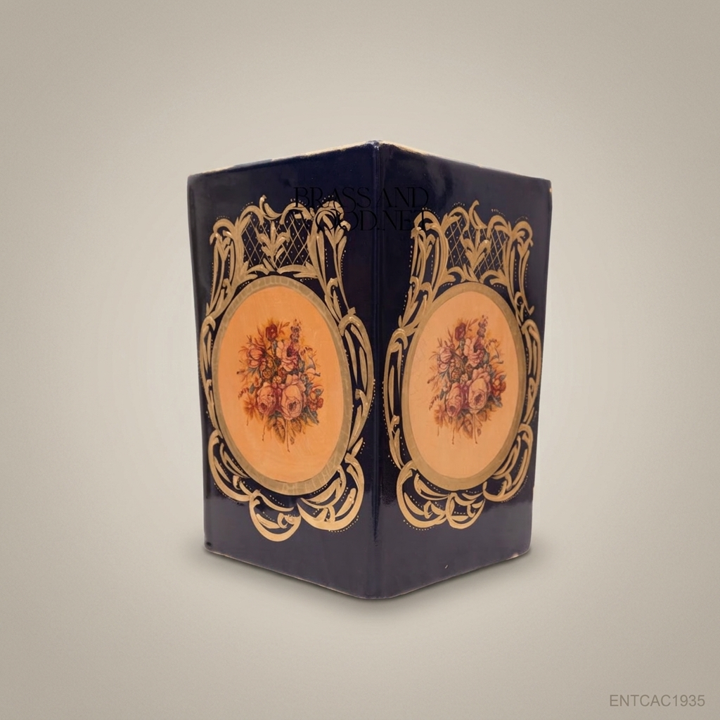Rococo Cobalt & Gold Floral Medallion Ceramic Cachepot