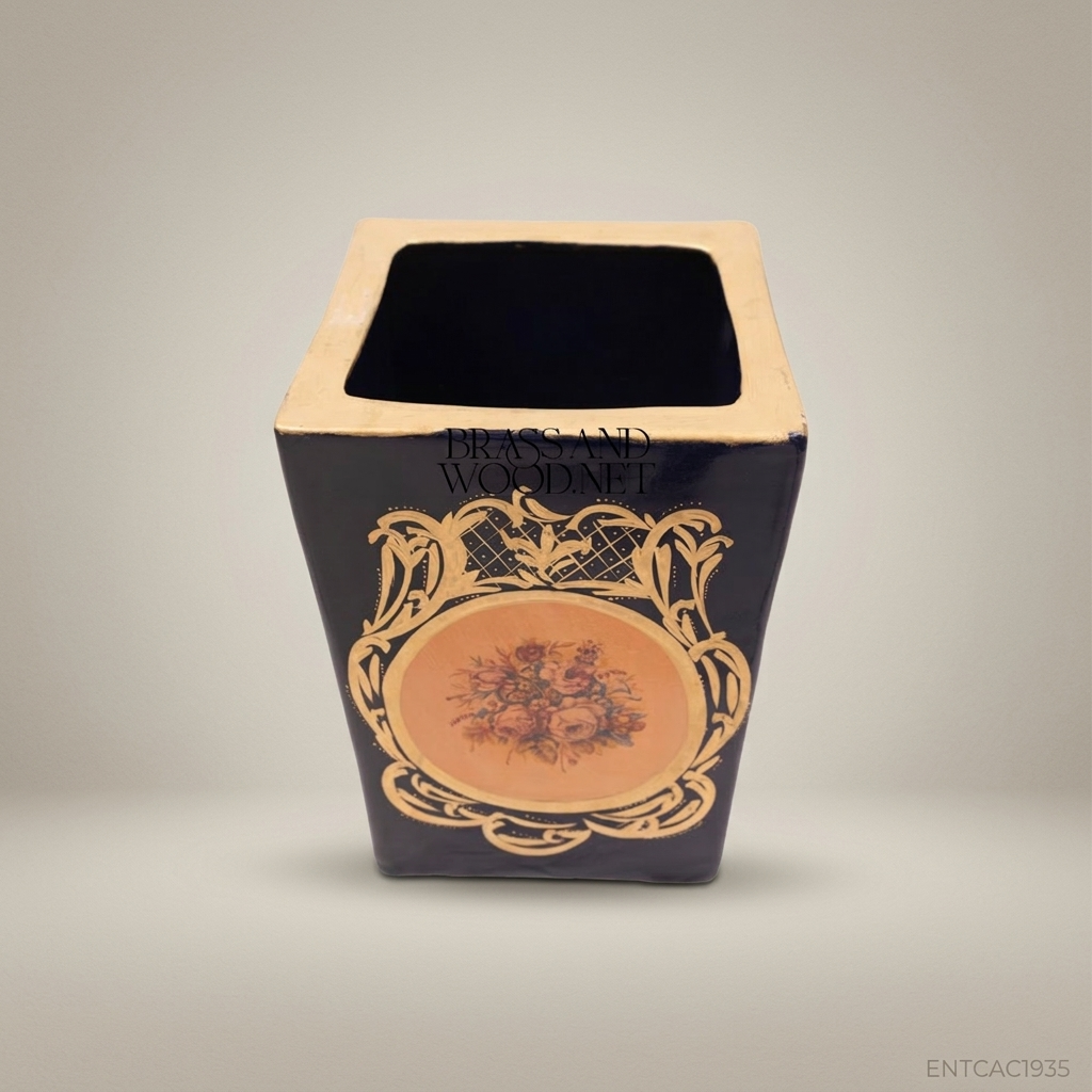 Rococo Cobalt & Gold Floral Medallion Ceramic Cachepot