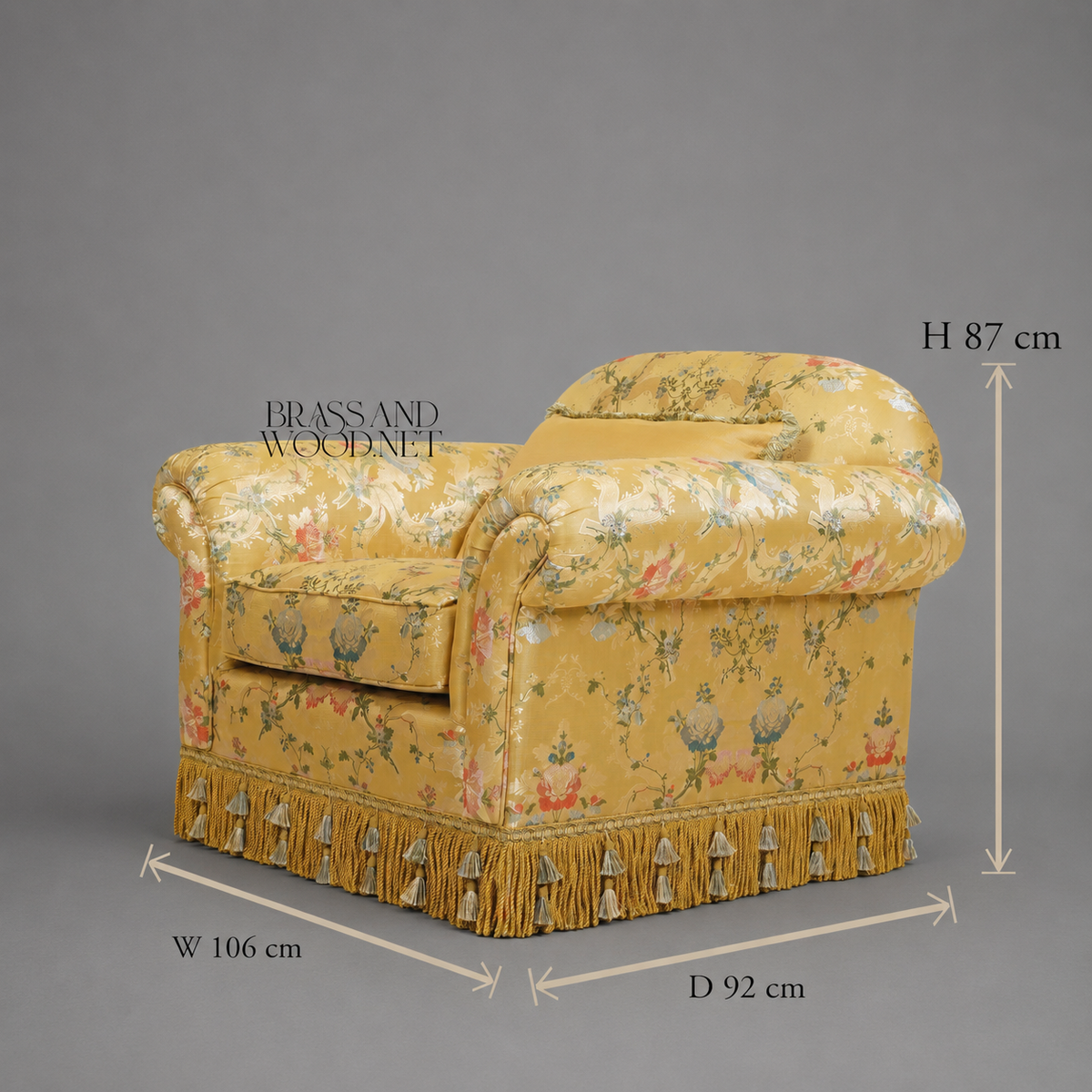 Napoleon III Crapaud Armchair Gold Floral Jacquard Tassel Fringe Skirt Fully Upholstered Main View | Brass & Wood