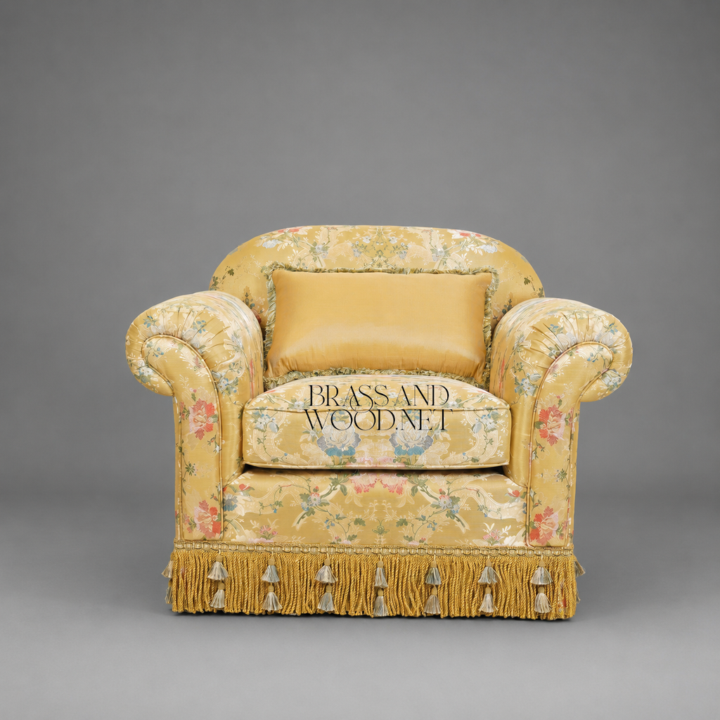 Napoleon III Crapaud Armchair Gold Floral Jacquard Tassel Fringe Skirt Fully Upholstered View 2 | Brass & Wood