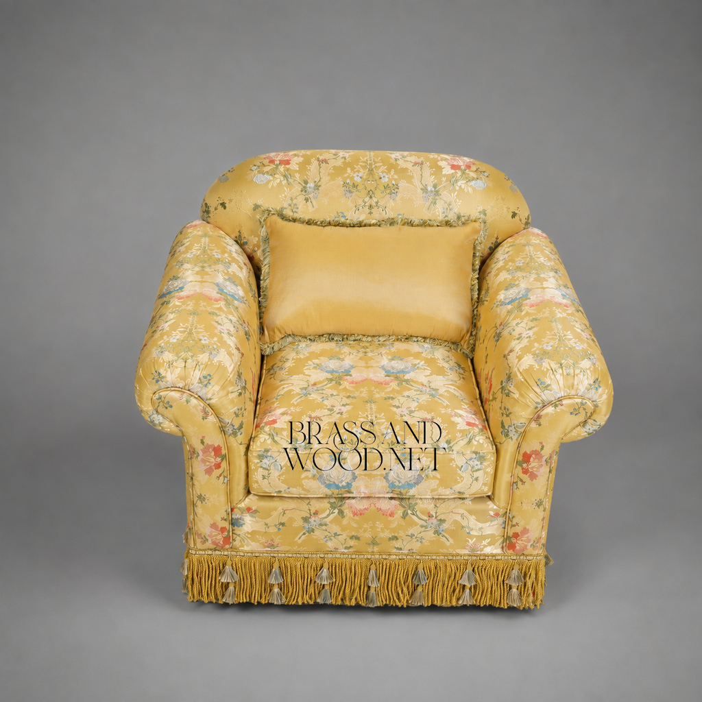 Napoleon III Crapaud Armchair Gold Floral Jacquard Tassel Fringe Skirt Fully Upholstered View 3 | Brass & Wood