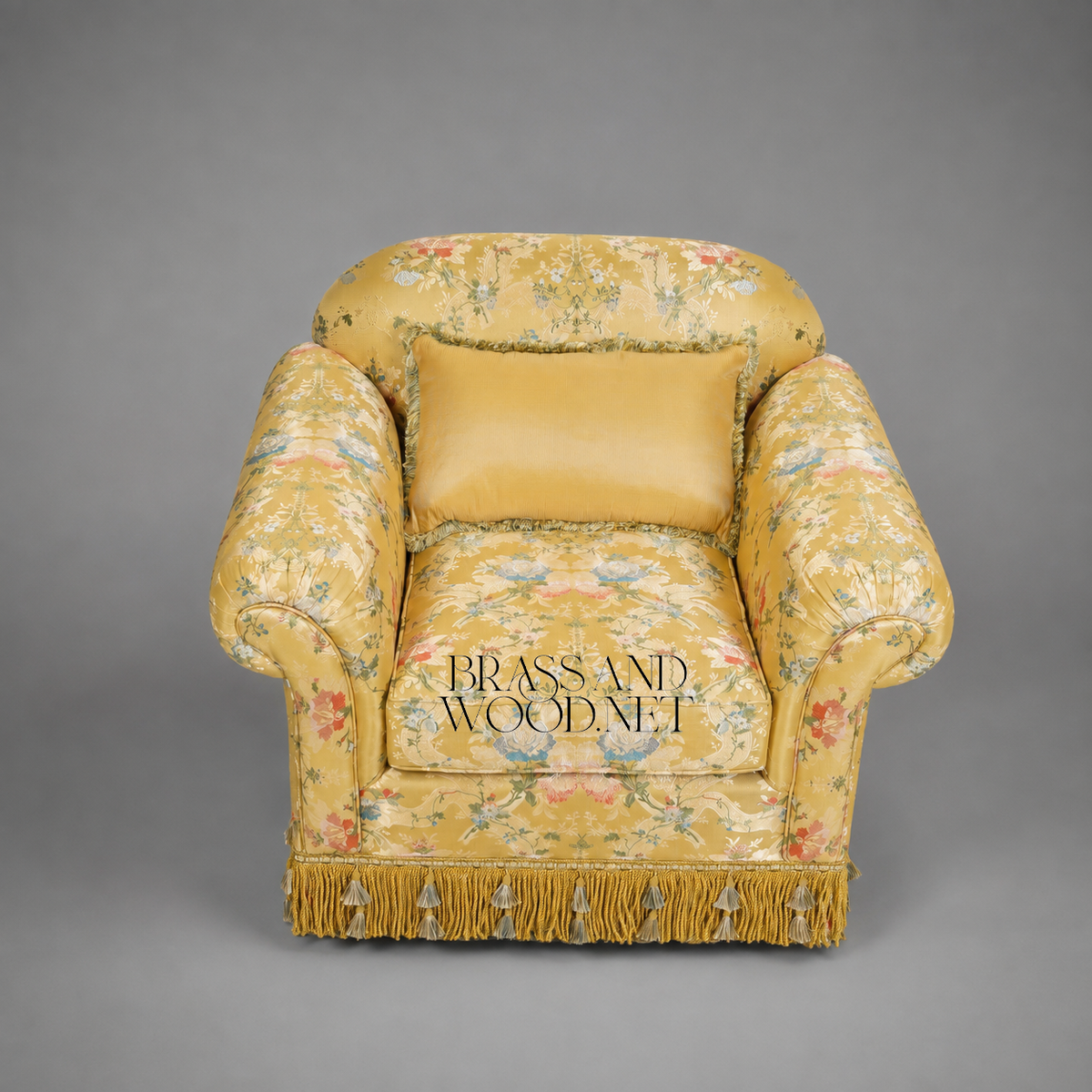 Napoleon III Crapaud Armchair Gold Floral Jacquard Tassel Fringe Skirt Fully Upholstered View 3 | Brass & Wood