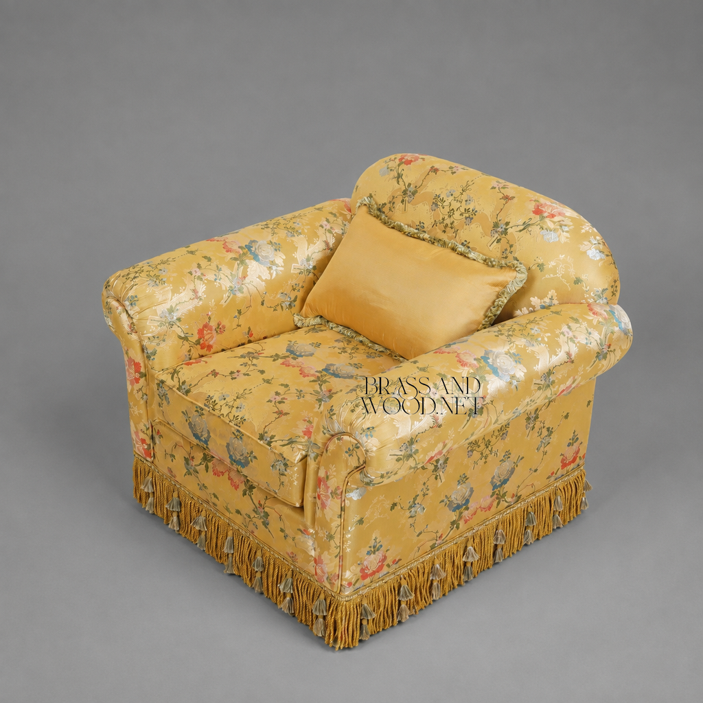 Napoleon III Crapaud Armchair Gold Floral Jacquard Tassel Fringe Skirt Fully Upholstered View 4 | Brass & Wood