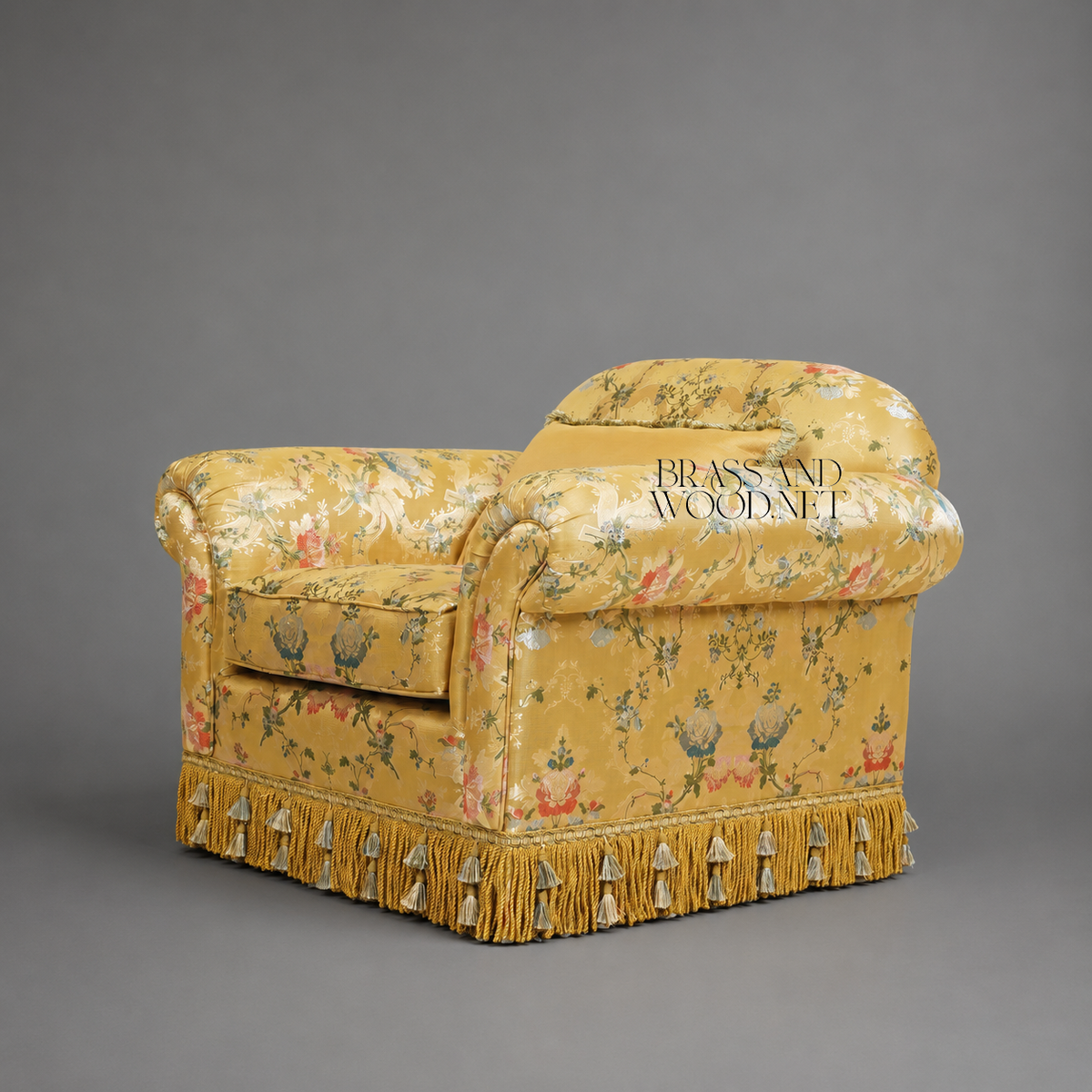 Napoleon III Crapaud Armchair Gold Floral Jacquard Tassel Fringe Skirt Fully Upholstered View 5 | Brass & Wood