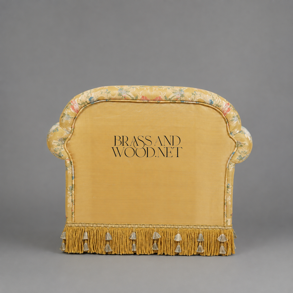Napoleon III Crapaud Armchair Gold Floral Jacquard Tassel Fringe Skirt Fully Upholstered View 6 | Brass & Wood