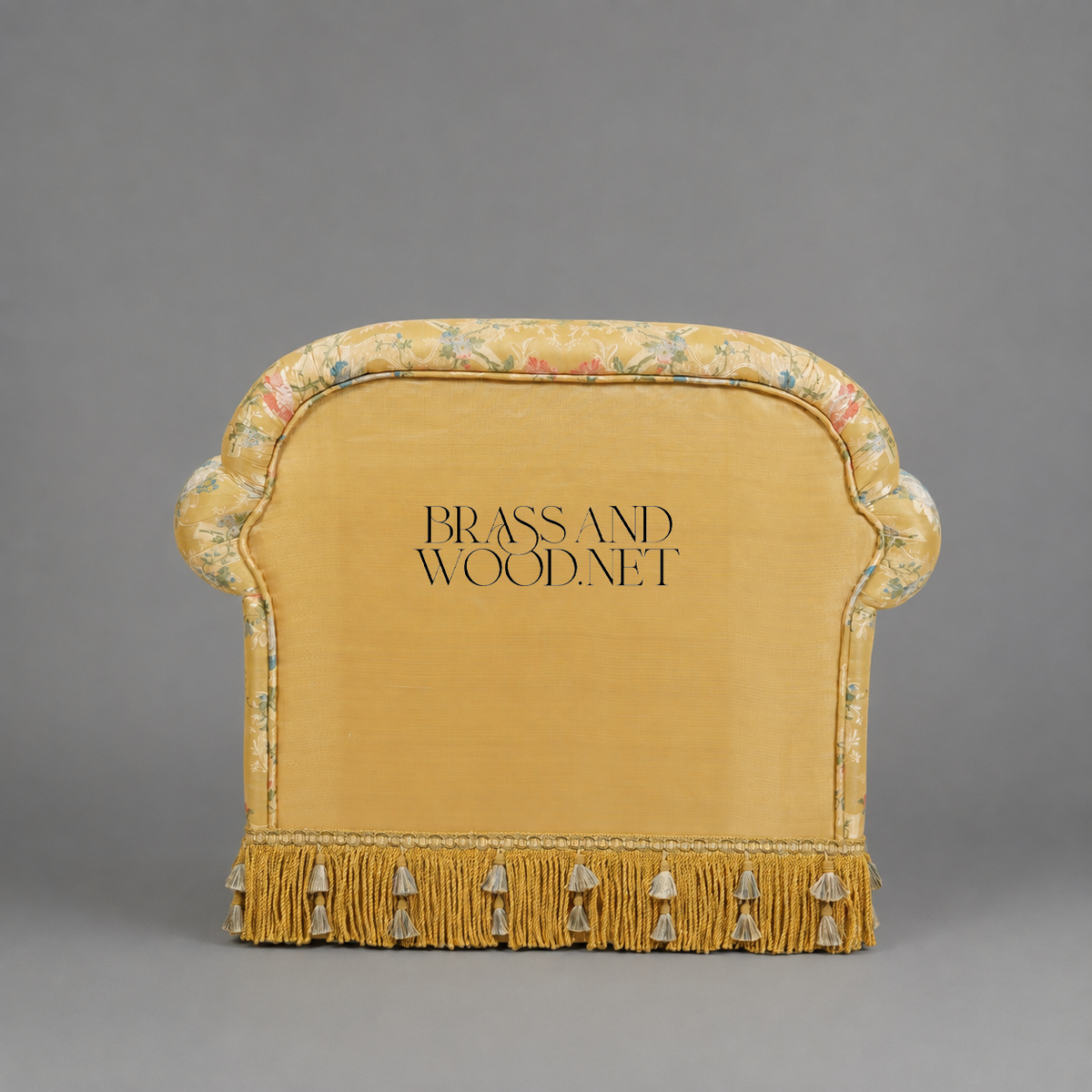 Napoleon III Crapaud Armchair Gold Floral Jacquard Tassel Fringe Skirt Fully Upholstered View 6 | Brass & Wood