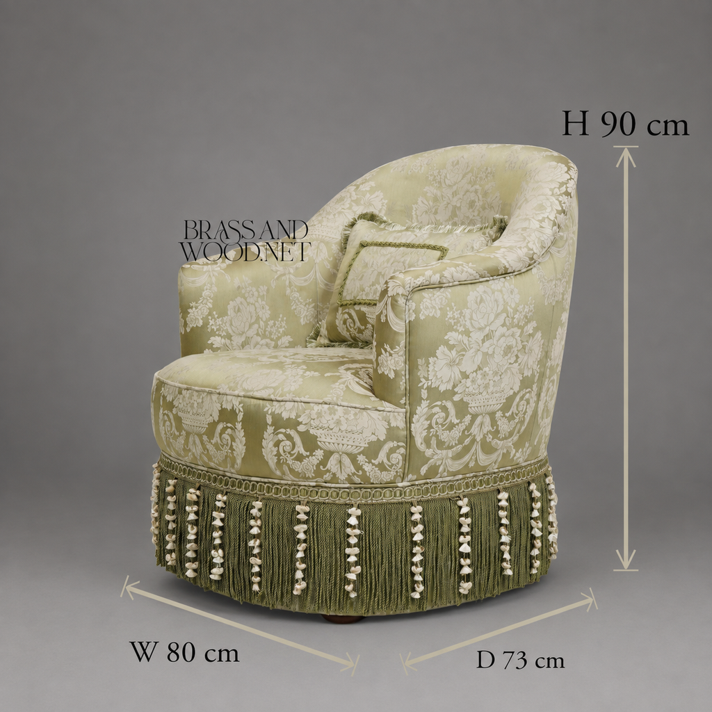 Napoleon III Crapaud Tub Armchair Sage Green Damask Bullion Fringe Skirt Lumbar Cushion Main View | Brass & Wood