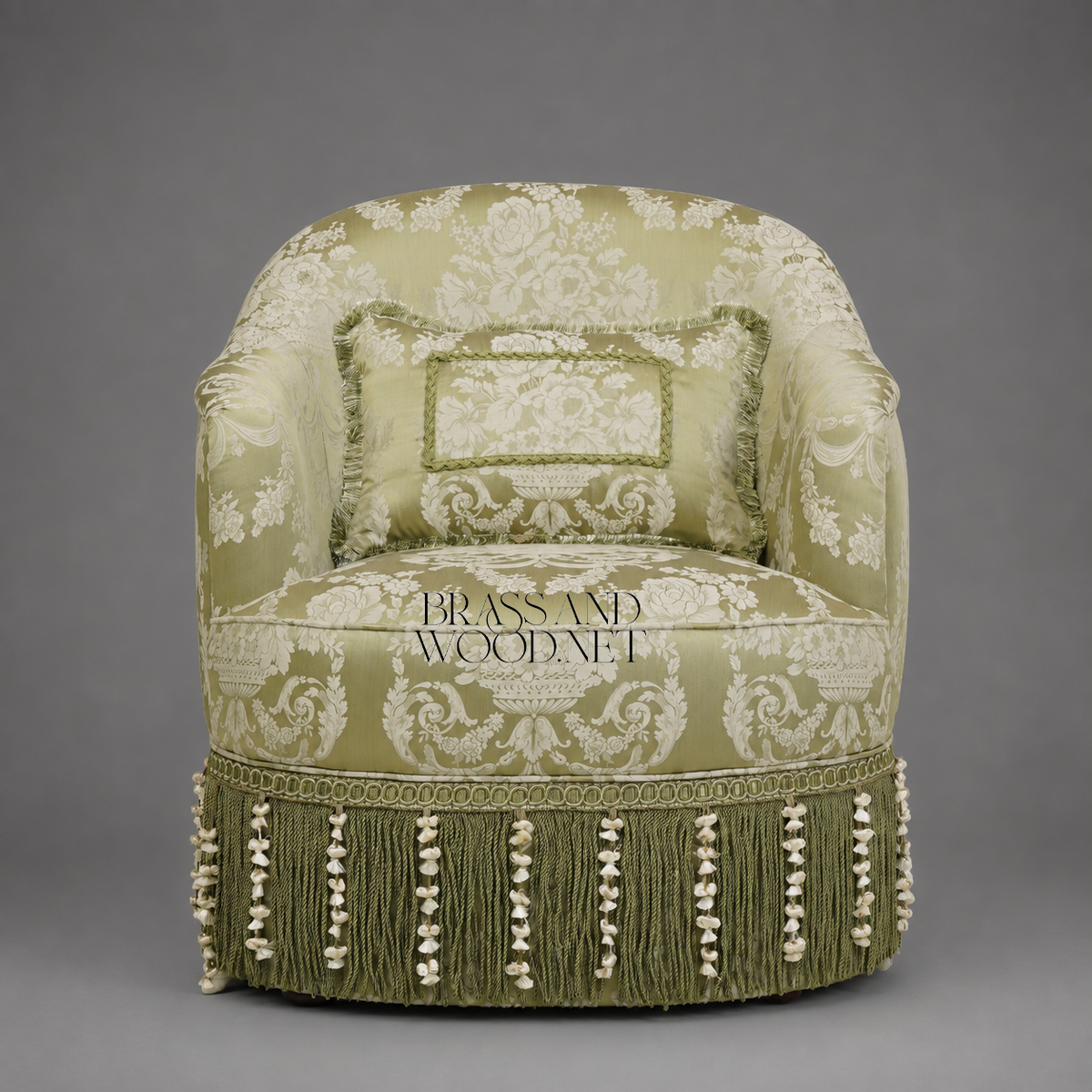 Napoleon III Crapaud Tub Armchair Sage Green Damask Bullion Fringe Skirt Lumbar Cushion View 2 | Brass & Wood