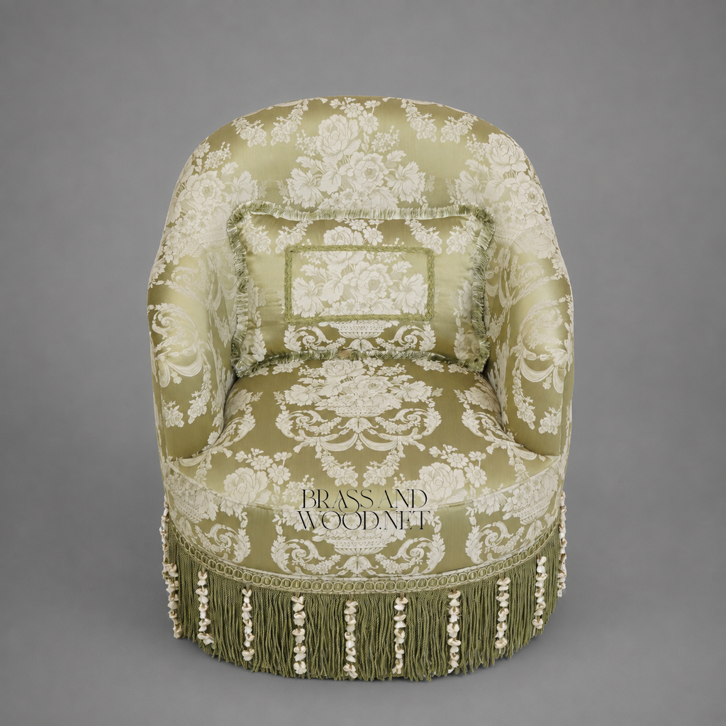 Napoleon III Crapaud Tub Armchair Sage Green Damask Bullion Fringe Skirt Lumbar Cushion View 3 | Brass & Wood
