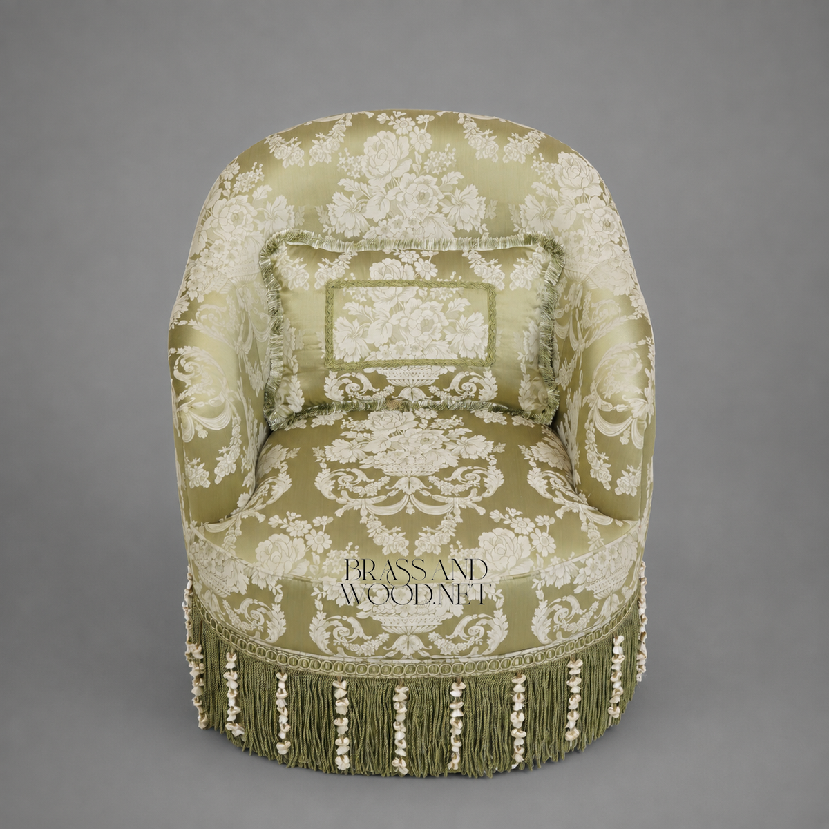 Napoleon III Crapaud Tub Armchair Sage Green Damask Bullion Fringe Skirt Lumbar Cushion View 3 | Brass & Wood
