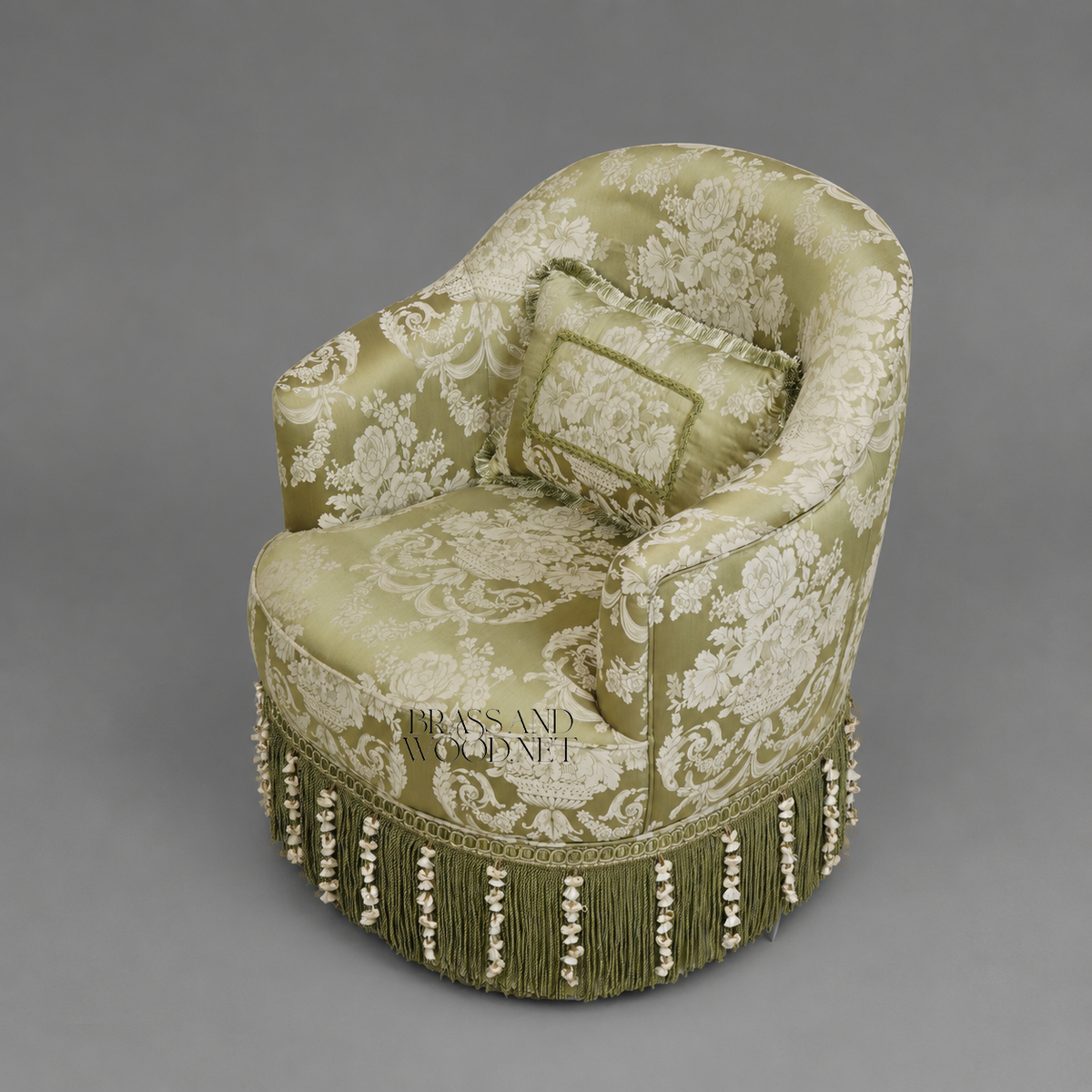 Napoleon III Crapaud Tub Armchair Sage Green Damask Bullion Fringe Skirt Lumbar Cushion View 4 | Brass & Wood