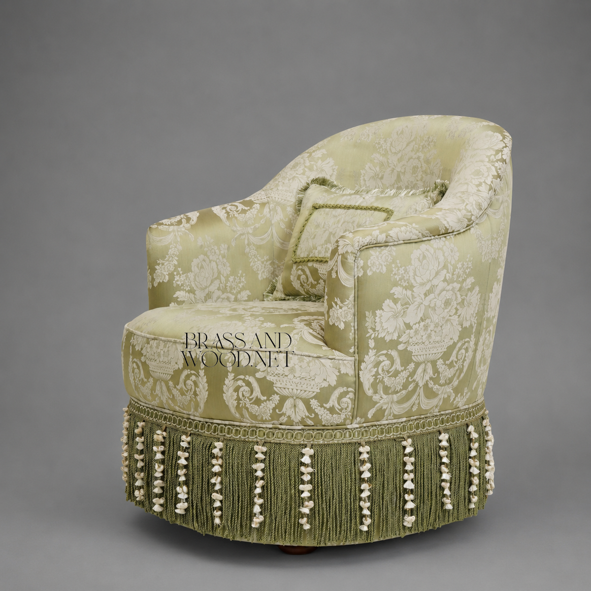 Napoleon III Crapaud Tub Armchair Sage Green Damask Bullion Fringe Skirt Lumbar Cushion View 5 | Brass & Wood