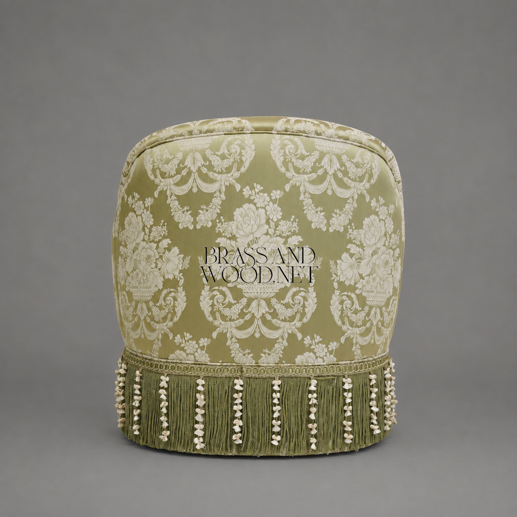 Napoleon III Crapaud Tub Armchair Sage Green Damask Bullion Fringe Skirt Lumbar Cushion View 6 | Brass & Wood