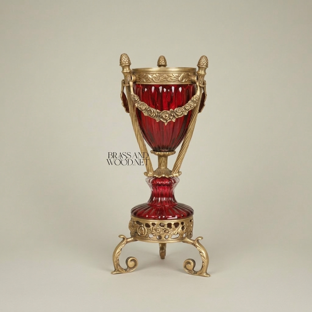 Neoclassical Brass & Crystal Urn Incense Burner with Pinecone Finial & Scrolled Tripod — Antique Gold