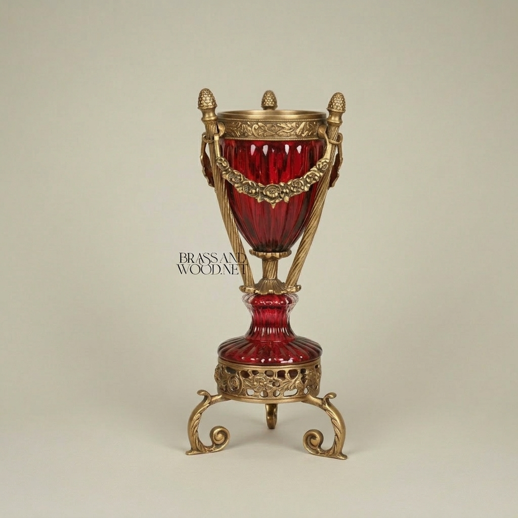 Neoclassical Brass & Crystal Urn Incense Burner with Pinecone Finial & Scrolled Tripod — Antique Gold