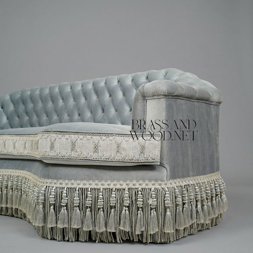 Napoleon III Curved Capitonné Canapé Sofa Silver Velvet Diamond Tufted Tassel Fringe Skirt Detail View | Brass & Wood